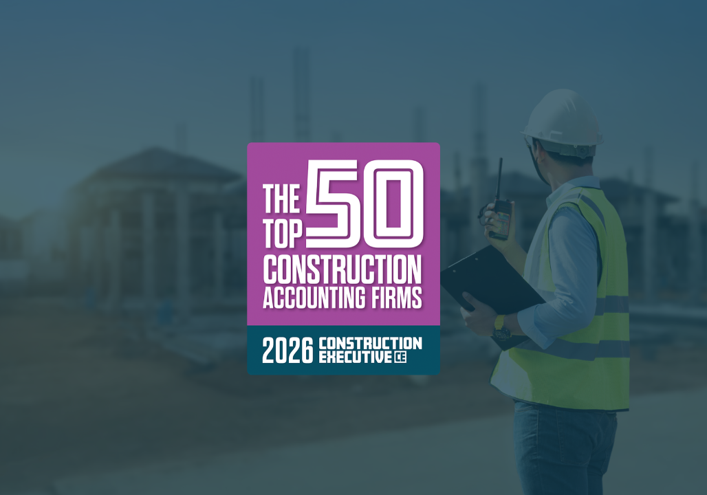 Construction Executive's Top 50 Construction Accounting Firms™ award badge on top of an image of a construction worker with a yellow vest and hard hard in a construction site.