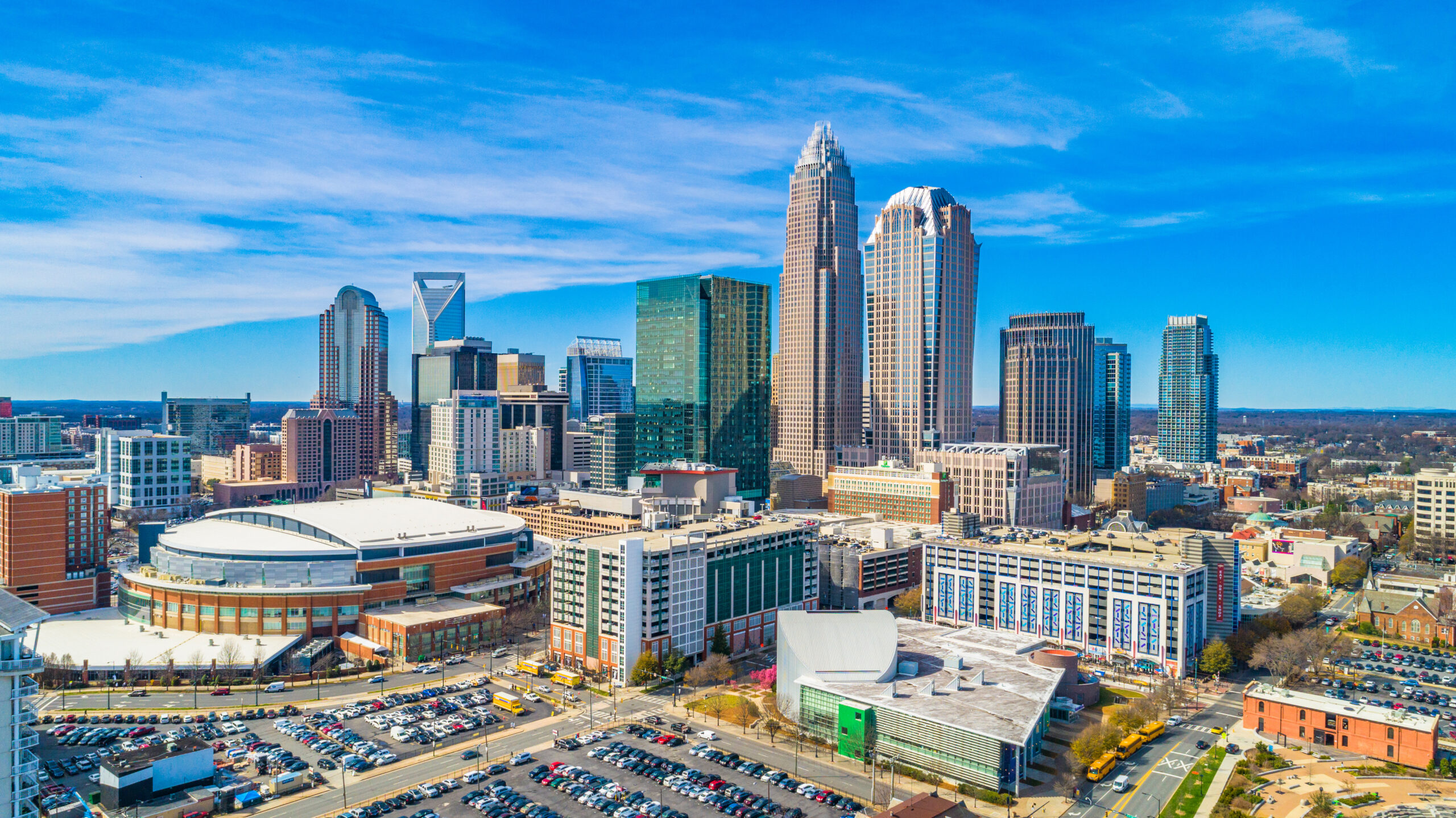 Charlotte skyline with Bank of America Corporate Center tower, near Moore Colson's Charlotte business valuation clients.